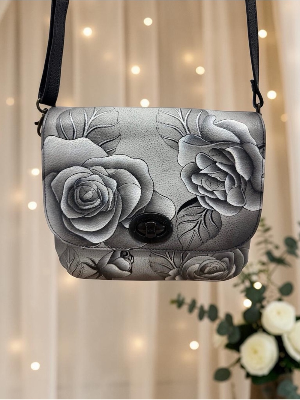 Gorgeous new Anuschka Hand-Painted Leather Triple Compartment Crossbody Bag